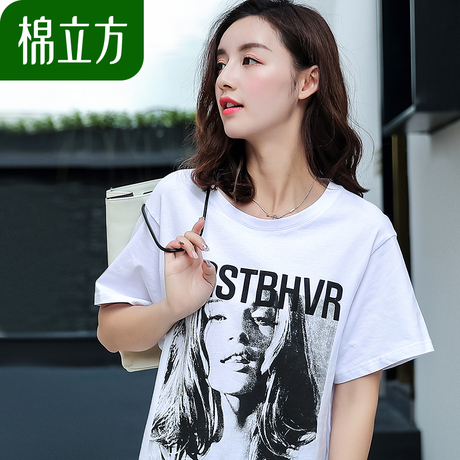 时尚印花t恤女短袖2018新款棉立方夏装学生休闲宽松白色纯棉上衣商品大图
