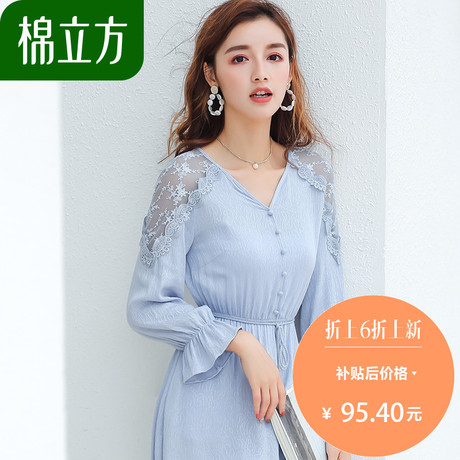 蕾丝连衣裙小香风女秋装2018新款棉立方清新蕾丝袖裙子女仙气超仙商品大图