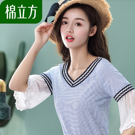 鸡心领t恤女短袖棉立方2018夏季新款女装韩范绣花雪纺袖条纹上衣商品大图