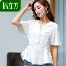 个性时尚白色短袖t恤女夏季2018新款棉立方小性感v领提花流苏上衣图片