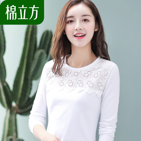 开学季长袖t恤女白色棉立方女装韩版学生显瘦2018秋季新款打底衫商品大图