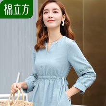 气质时尚修身蕾丝拼接提花连衣裙女秋2018新款棉立方纯棉收腰裙子图片