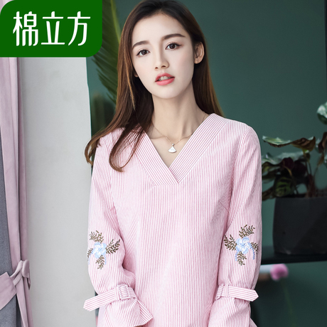 棉立方秋款上衣女2018新款女装宽松V领亲下刺绣复古港味条纹T恤商品大图
