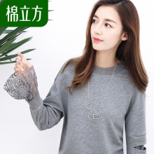 韩版甜美心机卫衣女宽松棉立方2018春装新款女装百搭加厚蕾丝上衣图片