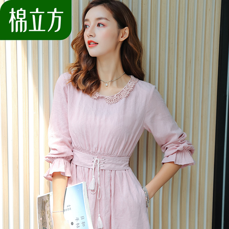 简约清新妈妈裙子2018新款女秋装棉立方收腰显瘦棉麻荷叶边连衣裙商品大图