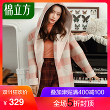 格子呢大衣女中长款2018冬季新款棉立方连帽秋冬流行百搭毛呢外套图片