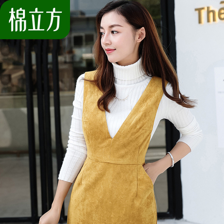 韩版中长款麂皮绒连衣裙棉立方2018秋装新款女装V领荷叶边背心裙商品大图