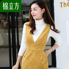 韩版中长款麂皮绒连衣裙棉立方2018秋装新款女装V领荷叶边背心裙图片