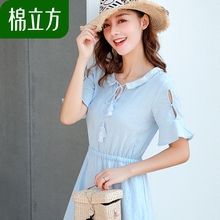 荷叶边短袖流苏提花纯棉连衣裙女夏季2018新款棉立方小个子仙女裙图片