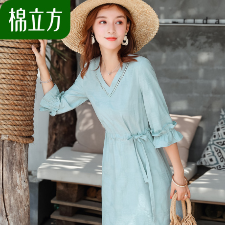 v领连衣裙女2018新款棉立方秋装收腰修身半袖小心机镂空复古裙子商品大图