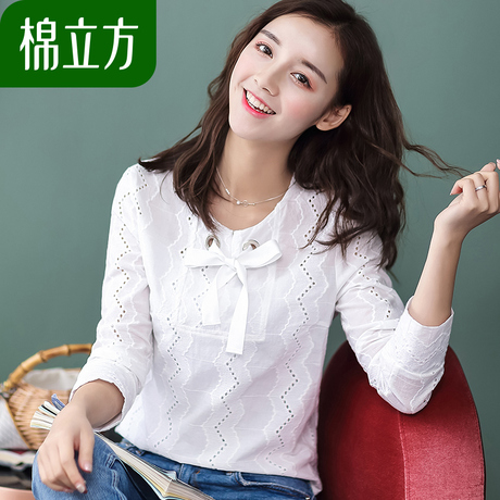 棉立方秋款上衣女2018新款女装韩范宽松清新学院风蝴蝶结刺绣T恤商品大图