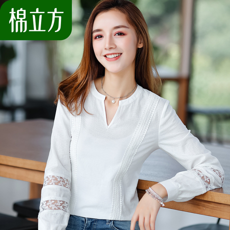 白色长袖简约慵懒风t恤女秋装2018新款棉立方侧开叉下摆分叉上衣商品大图