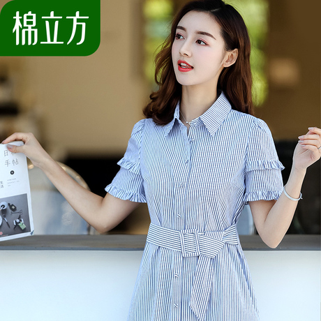 纯棉简约短袖连衣裙女夏2018新款棉立方气质收腰冷淡风裙子中长款商品大图