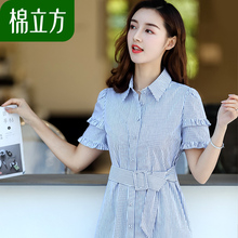 纯棉简约短袖连衣裙女夏2018新款棉立方气质收腰冷淡风裙子中长款图片