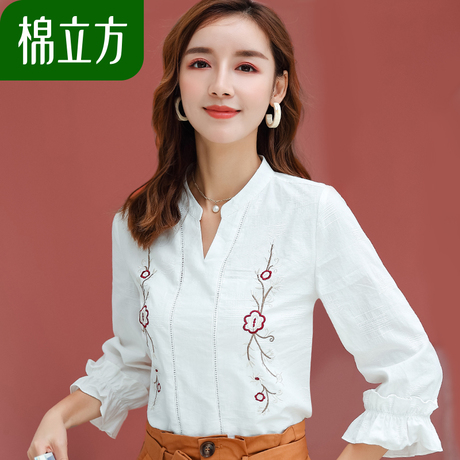 白色绣花抽皱长袖t恤女秋装2018新款棉立方清新气质镂空拼接上衣商品大图