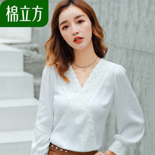白色长袖斜门襟花边衬衫女秋装2018新款棉立方简约文艺小清新上衣图片