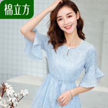 气质收腰修身条纹连衣裙女夏季2018新款棉立方清新小个子仙气裙子图片
