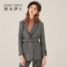 预售秋水伊人上衣2018冬装新款女装简约纯色西装领长袖西装外套女图片