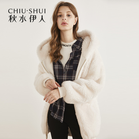 秋水伊人皮草2018冬装新款女装简约气质休闲连帽保暖羊毛外套女商品大图