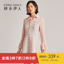 预售秋水伊人连衣裙2018冬新款女装ins方领系带拼接网纱修身裙子图片