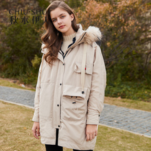 预售秋水伊人羽绒服2018冬装新款女装抽绳休闲韩版毛领白鸭绒外套图片