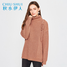秋水伊人2017冬装新品女装纯色高领落肩袖毛衣系带针织衫图片