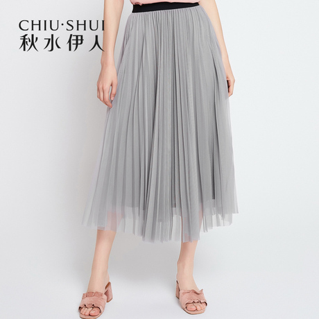 秋水伊人2018春装新品女装纯色松紧腰网纱裙中长半身裙裙子女商品大图