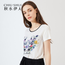 秋水伊人2018春夏装新款女装撞色圆领短袖上衣印花直筒T恤女图片
