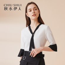 秋水伊人新款女装2018秋装撞色七分荷叶袖领口系带雪纺衫上衣女图片
