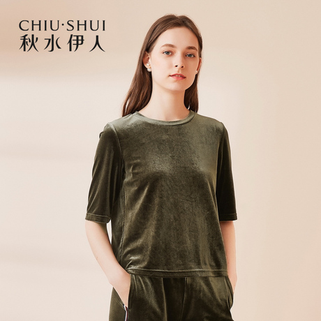 秋水伊人2018秋装新款女装圆领五分袖直筒丝绒上衣纯色绒衫商品大图