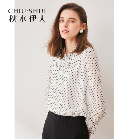 秋水伊人长袖衬衫2018秋装新款女装时尚波点衬衣个性系带圆领上衣商品大图