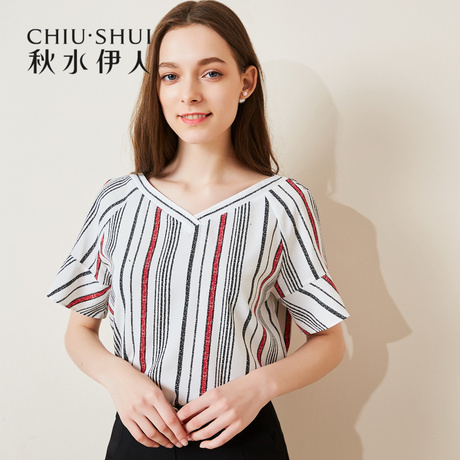 秋水伊人新品女装2018夏装V领短袖荷叶袖直筒雪纺衫上衣女商品大图