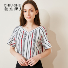 秋水伊人新品女装2018夏装V领短袖荷叶袖直筒雪纺衫上衣女图片