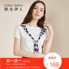 折秋水伊人2018夏装新款女装圆领短袖风情褶肩部拼接系带上衣T恤图片