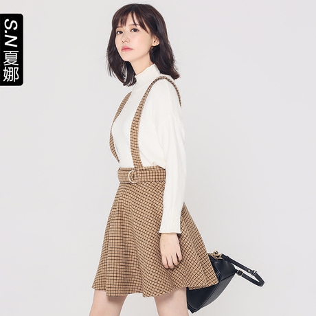 夏娜2018春季新款女装甜美高腰背带修身格子腰带A字显瘦半身短裙商品大图