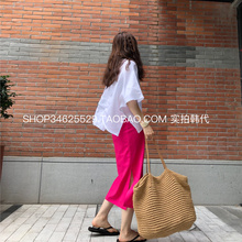 韩国 新款夏女装Chao美bi买好品质棉麻松紧腰直筒玫红半身裙