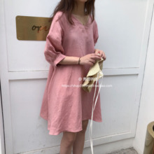 宽松不挑人 V领娃娃款 粉色 麻料连衣裙 黄色 青提韩国代购