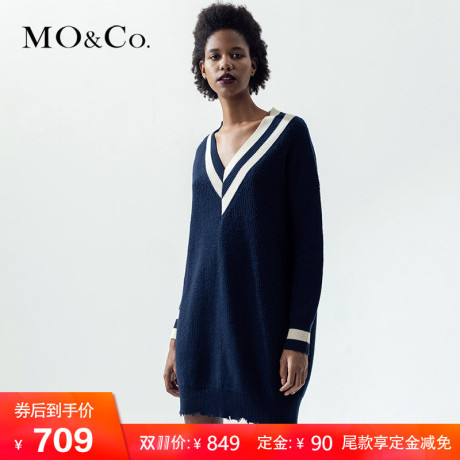 MOCO秋款高腰v领针织长袖连衣裙MA173DRS303 摩安珂商品大图