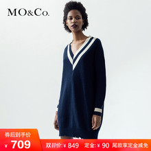 MOCO秋款高腰v领针织长袖连衣裙MA173DRS303 摩安珂图片