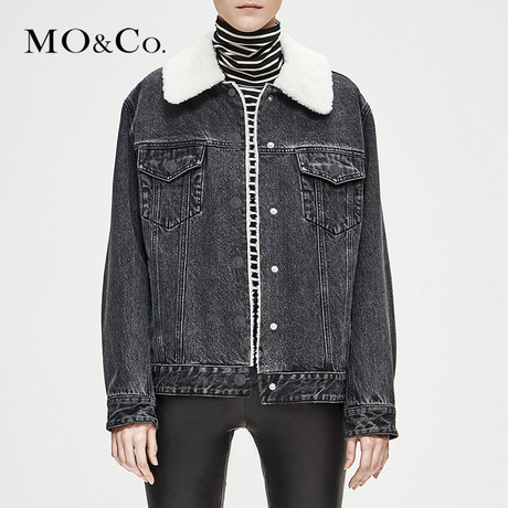 MOCO2018冬季新品牛仔翻领羊羔毛外套MA184JKT402 摩安珂商品大图