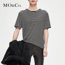 MOCO2018冬季新品圆领黑白条纹短袖T恤MA184TEE231 摩安珂图片