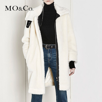 MOCO仿羊羔毛翻领皮带扣中长款大衣外套MA174COT113 摩安珂