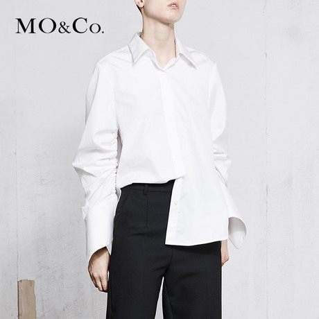 MOCO2018春季新品尖角领抽褶绑带纯棉衬衫MA181SHT110 摩安珂商品大图