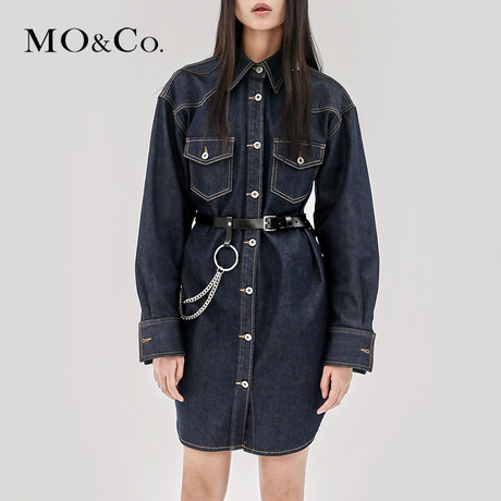 MOCO2018秋季新品翻领洗水牛仔衬衫连衣裙MA183DRS401 摩安珂商品大图