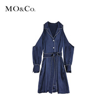 MOCO2018夏季新品V领腰带露肩衬衫连衣裙MA182DRS140 摩安珂图片