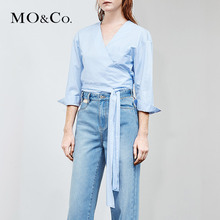 MOCO2018夏季新品围裹式V领开襟绑带衬衫上衣MA182TOP115 摩安珂图片