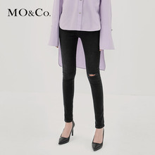 MOCO2018秋季新品水洗磨白破洞弹力紧身牛仔裤MA183PAT404 摩安珂图片