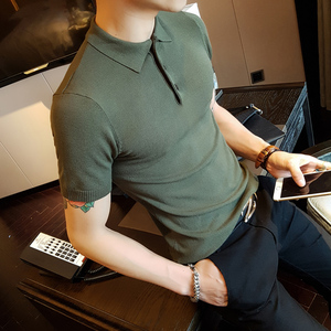 春夏男士短袖T恤韩版修身翻领纯色针织POLO衫型男紧身半袖打底衫