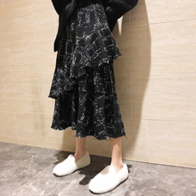 格子不规则流苏蛋糕裙时尚 高腰半身裙中长裙 女2018新款 裙子 冬装