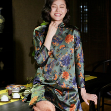 新款真丝弹力缎印花中国风复古夹棉袄唐装汉服旗袍女夹上衣忆旧游图片